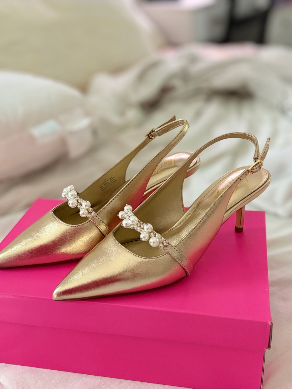 Lilly Pulitzer Metallic Gold Pearl-Embellished Slingback Heels